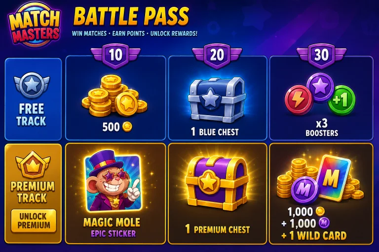 Match Masters Battle Pass close-up showing reward both Free and premium