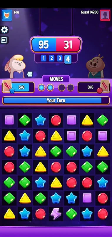 Match Masters match in progress showing shared board with Player 1 score at 95 and Player 2 score at 31