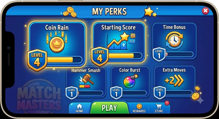 Match Masters perks menu showing Coin Rain and Starting Score both at level 4 while other perks sit at level 1