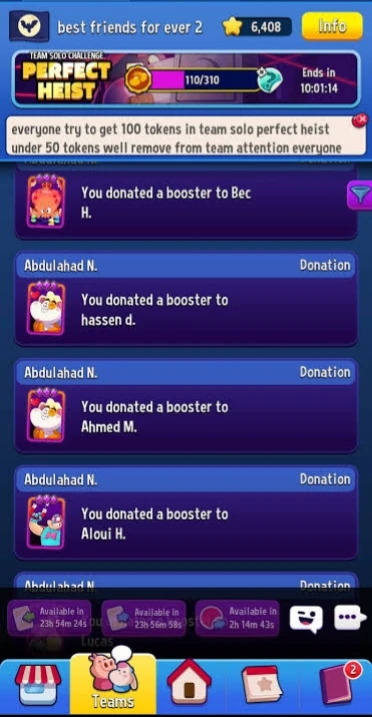 Match Masters team event in progress showing team at 68% of target with 14 hours remaining and individual contribution scores
