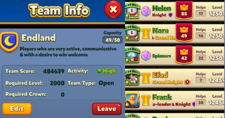 Match Masters team screen showing 24 active members, team level 8, and daily gift counter