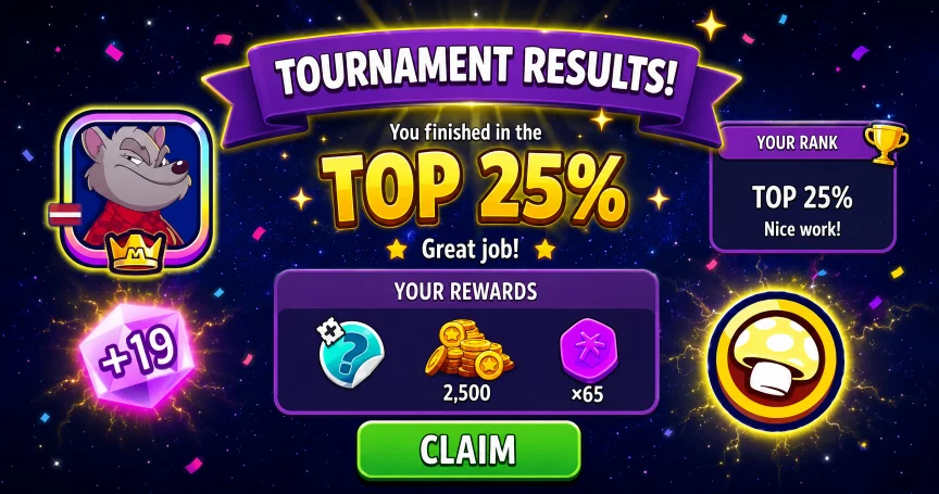 Match Masters tournament end screen showing 80 gems awarded for finishing in 8th place out of 50 players