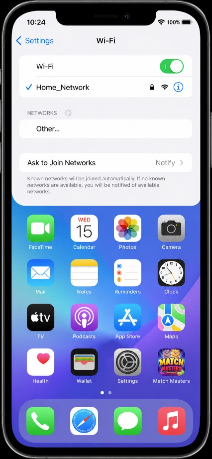 Smartphone Wi-Fi settings screen showing strong signal bars while Match Masters app is open in the background