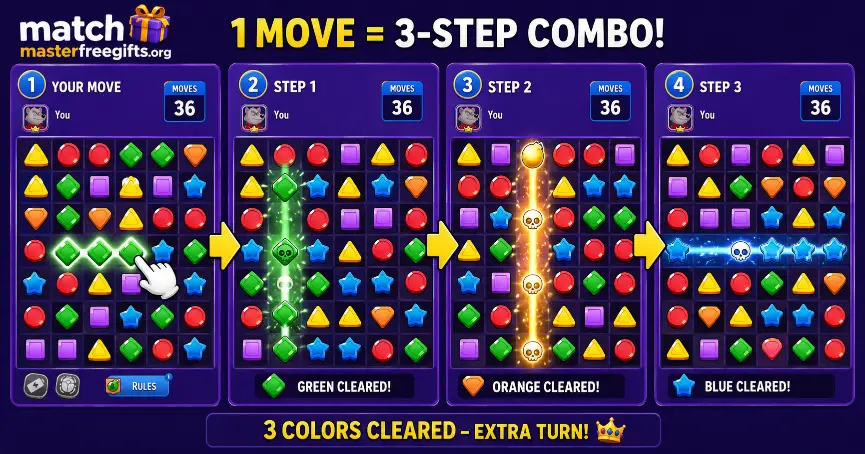 Side-by-side Match Masters board showing one move triggering a 3-step combo chain