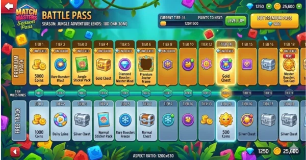 The Battle Pass screen shows both tracks at once. Free track rewards are available to everyone. Paid track rewards require a purchase.