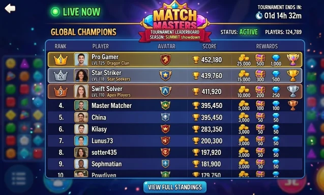 Match Masters tournament prize tiers showing top 1 through top 25% rank rewards"