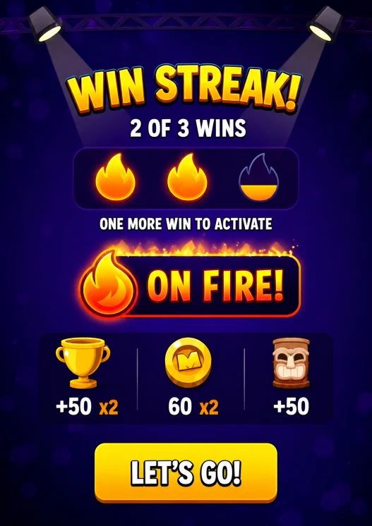 Match Masters win streak counter showing 2 wins towards On Fire with two lit flame icons and one empty slot before activation