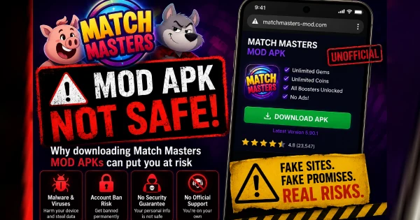 Warning image showing a fake Match Masters mod APK download page with unlimited gems claims and no official Candivore branding
