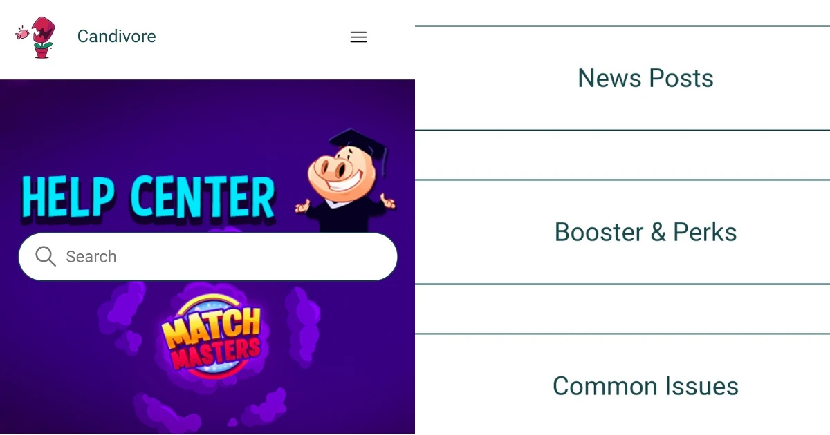 Match Masters game menu open showing the help centre option with help button