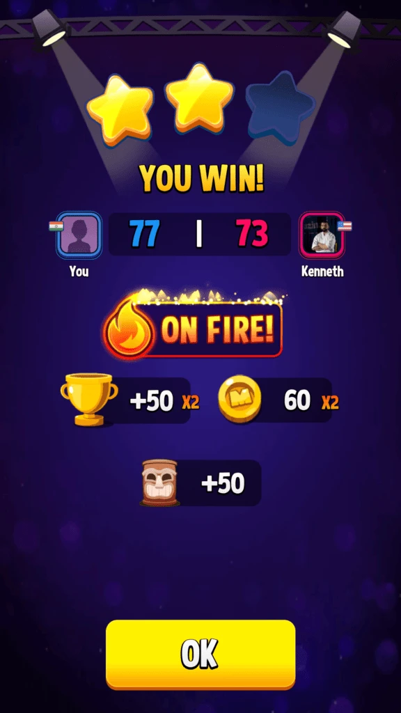 Match Masters On Fire status screen showing 2x coin multiplier and 2x trophy reward after three win streak with flame animation