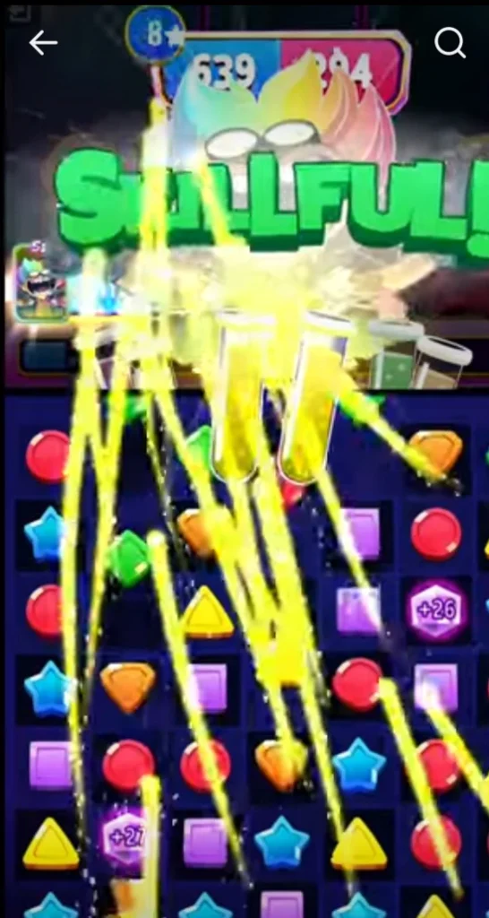 Match Masters board showing SE booster Sweep It SE activation clearing a large area of tiles with multiple chain reactions extending from the initial activation point