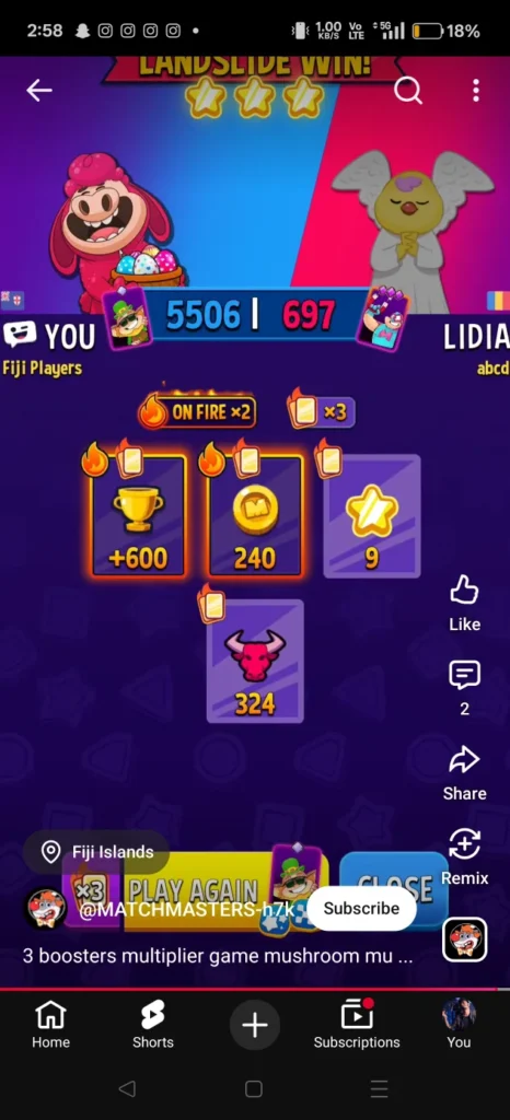Masters win screen after x3 booster stake match showing trophies, coins, and event points all with multiplier badges