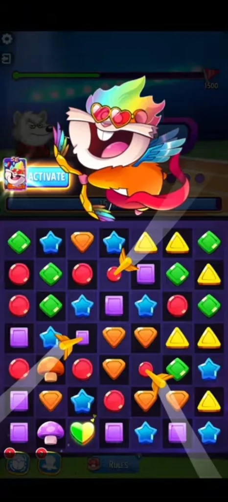 Match Masters Booster Run in-progress showing target score, current score, provided booster ready to activate in bottom corner