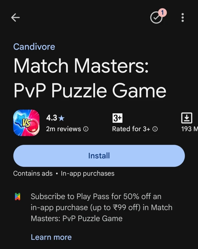 Google Play Store page for Match Masters showing official Candivore listing with 4.5 star rating and install button