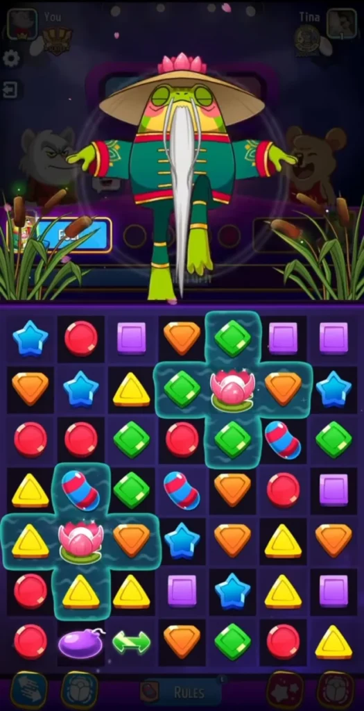 Match Masters game board with Froggy Fu activated, showing green lotus tiles placed at various positions ready to be matched for high scores