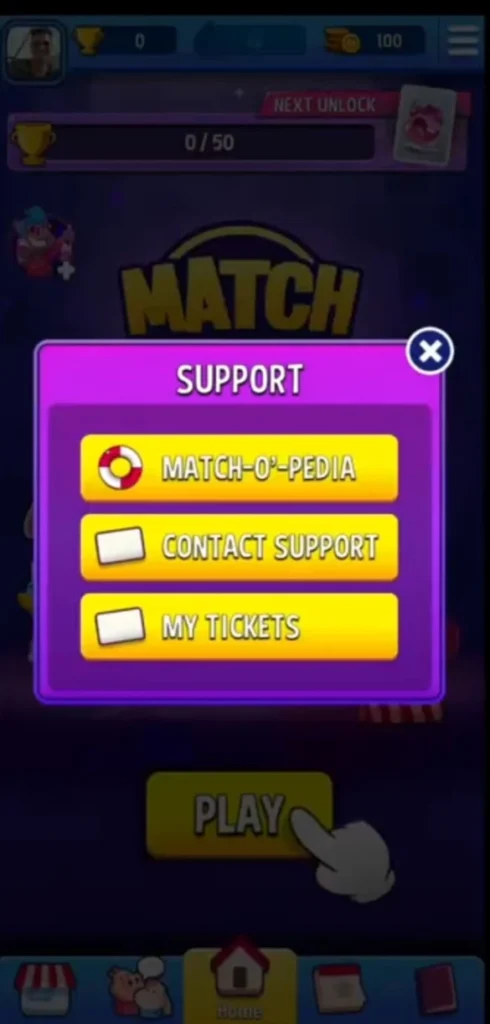 Match Masters support ticket creation screen
