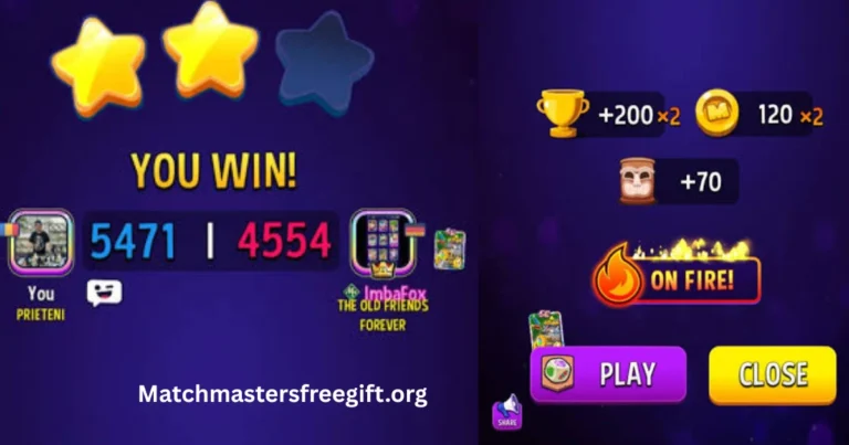 Match Masters On Fire activation screen showing flame visual effect and doubled trophy and coin rewards after three consecutive ranked wins