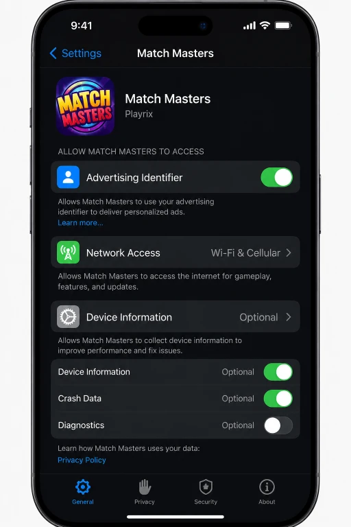 Smartphone settings screen showing Match Masters permissions list with advertising ID toggle, network access, and device information permissions